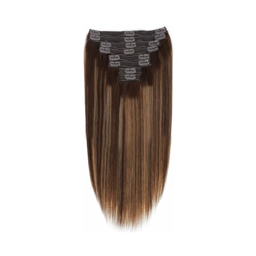 Clip-in-Haarverlängerungen Clip-in-Haarverlängerung, Echthaar, P4-27, Balayage, mittelbraun, gemischt, blond, glatt, dick, unsichtbar, Remy-Naturhaar, Doppelt-Tressen, 8 Stück/Packung Clip-in-Haarverl