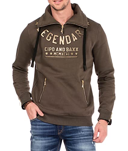 Cipo & Baxx Herren Sweatshirt Pullover Langarmshirt Sweater Zipperkragen 3D-Schriftzüge Khaki L