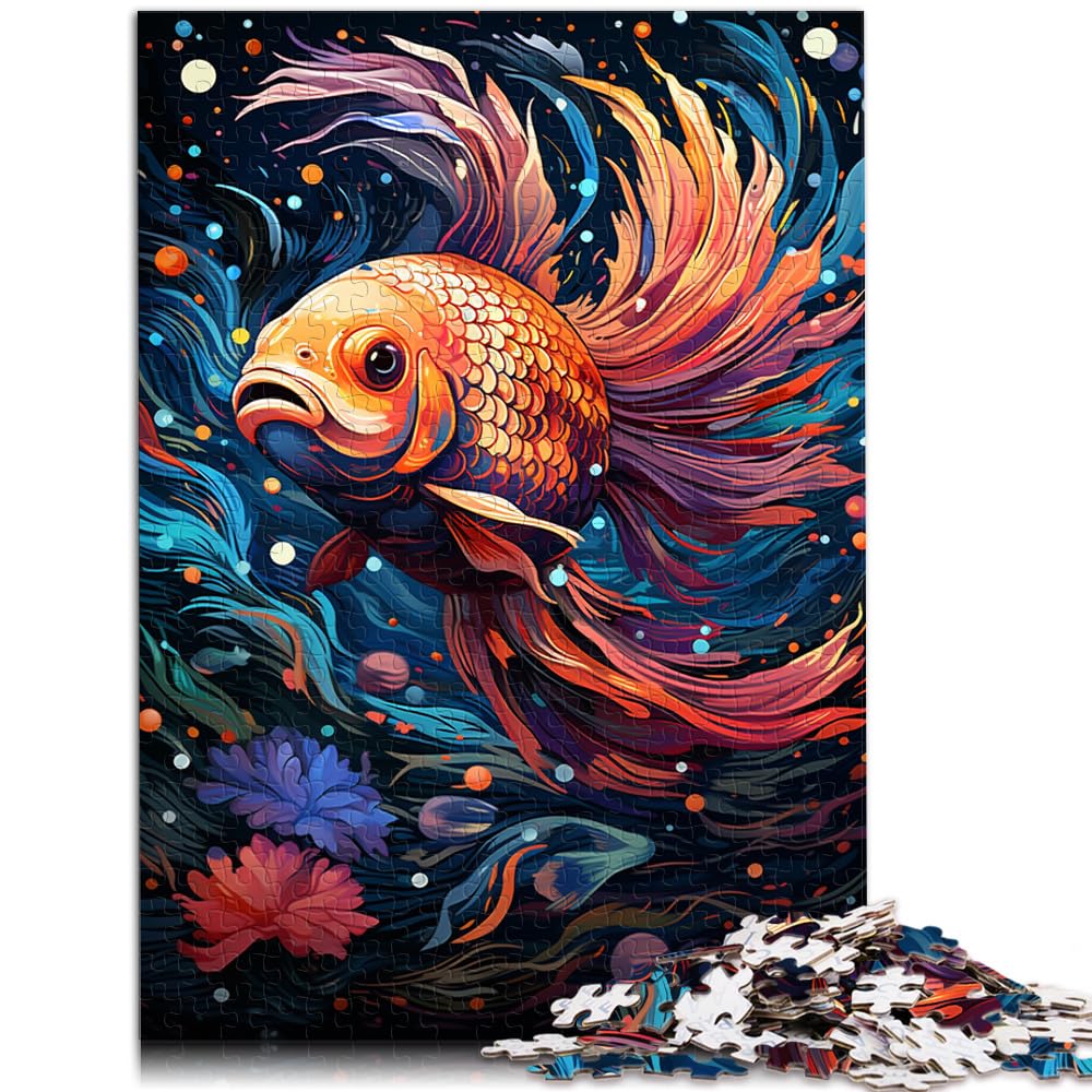 Puzzle für farbenfrohe, psychedelische Goldfische im Sternenhimmel, 1000-teiliges Puzzlespiel, Holzpuzzle, Spaß für die ganze Familie, Puzzle 1000 Teile (50 x 75 cm)