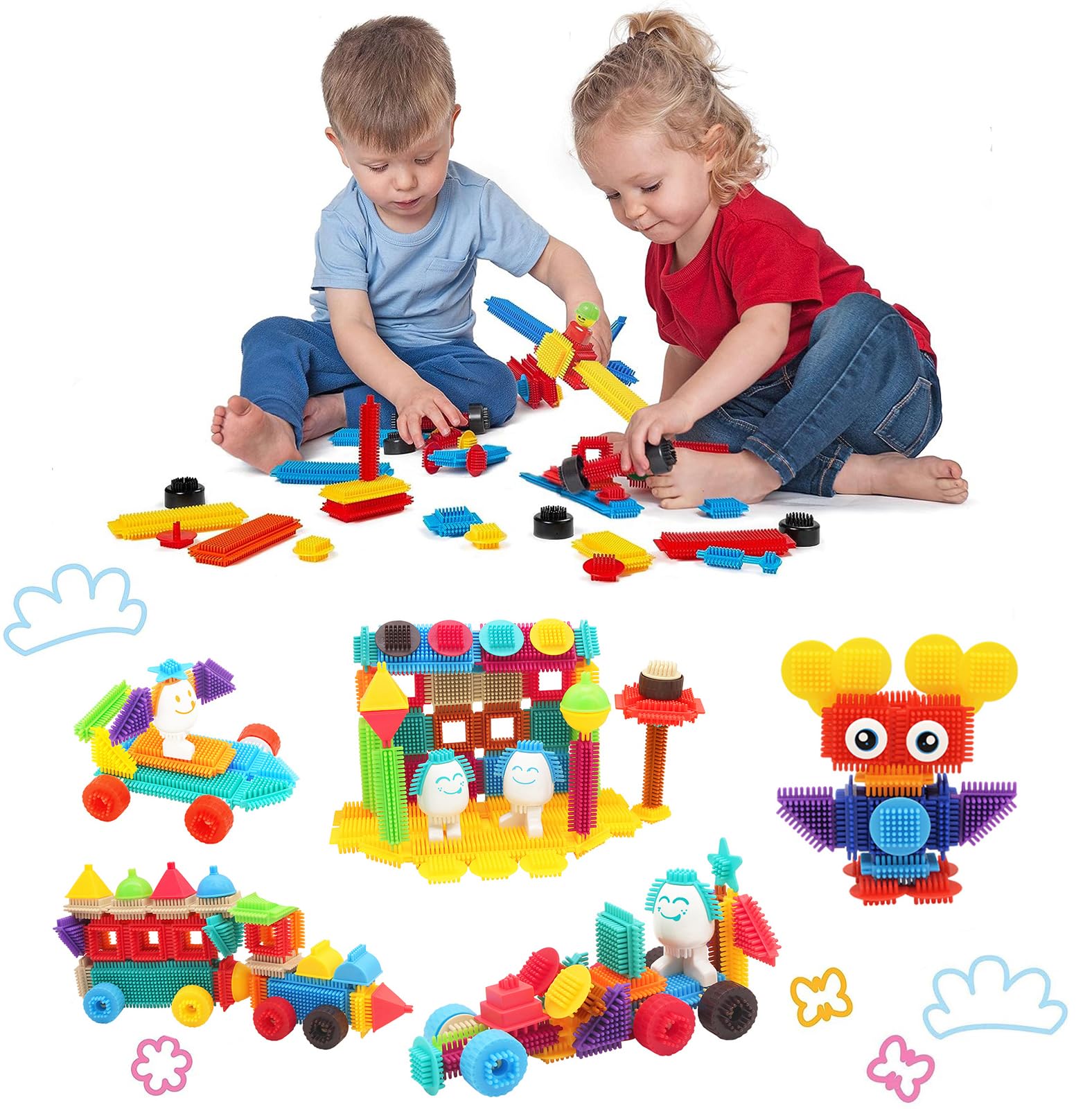 Bristle Blocks 82 Teile Bausteine Basic Set – Bauklötze mit Borsten, Steckbausteine Lernspielzeug Motorikspielzeug Bulk Building Bricks Stickle Bricks für Kinder Bausteine ab 2 Jahre