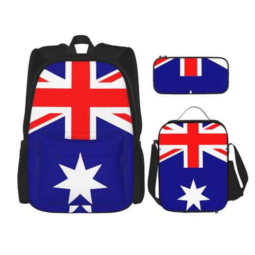 WURTON Rucksack mit australischer Flagge, 3-in-1-Büchertaschen-Set, Lunchbox, Federmäppchen, Reise-Laptop-Tagesrucksäcke, Schwarz, Einheitsgröße, Schwarz, Einheitsgröße, Schwarz , Einheitsgröße