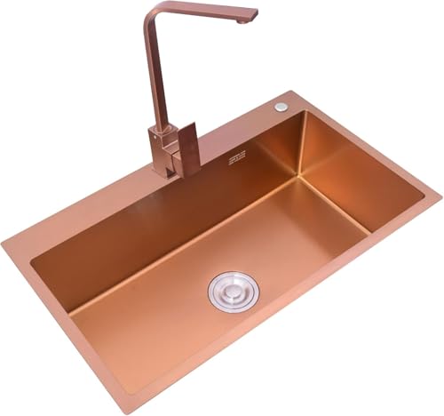 Roségoldenes Spülbecken, Edelstahl-Einzelbeckenspüle, großes Einzelwaschbecken auf der Arbeitsplatte mit quadratischem Wasserhahn, 21 cm tief, handgefertigtes Küchenspülbecken, R10° abgewink