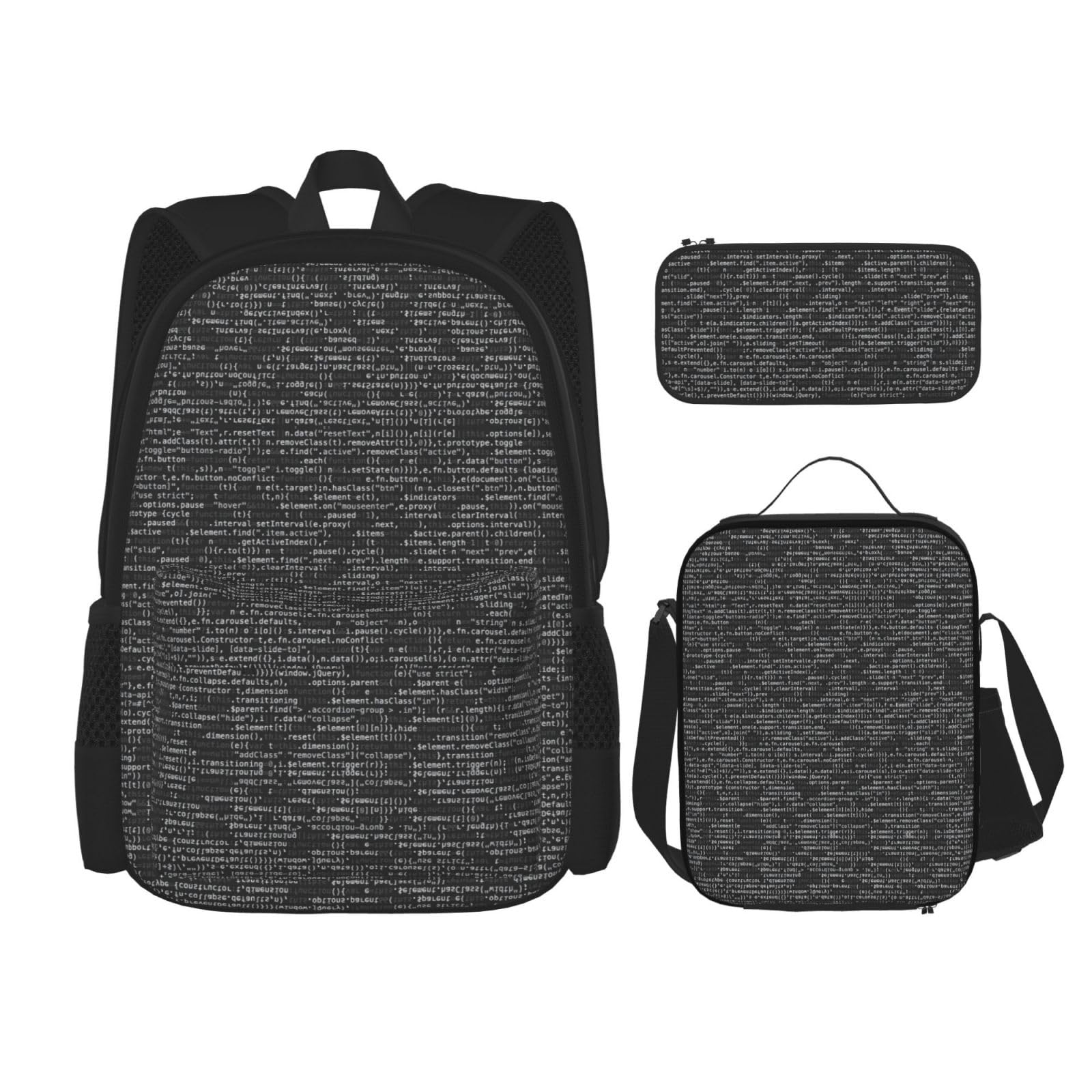 WURTON Programmierer Programmiercode Druck Lunchbox Federmäppchen Rucksack Set 3 Stück Verstellbare Träger Langlebig Leicht, Schwarz, One Size