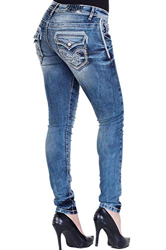 Cipo & Baxx Damen Jeanshose Slim Fit 5-Pocket Denim Used Jeans Pants Skinny WD240 Blau W26 L34