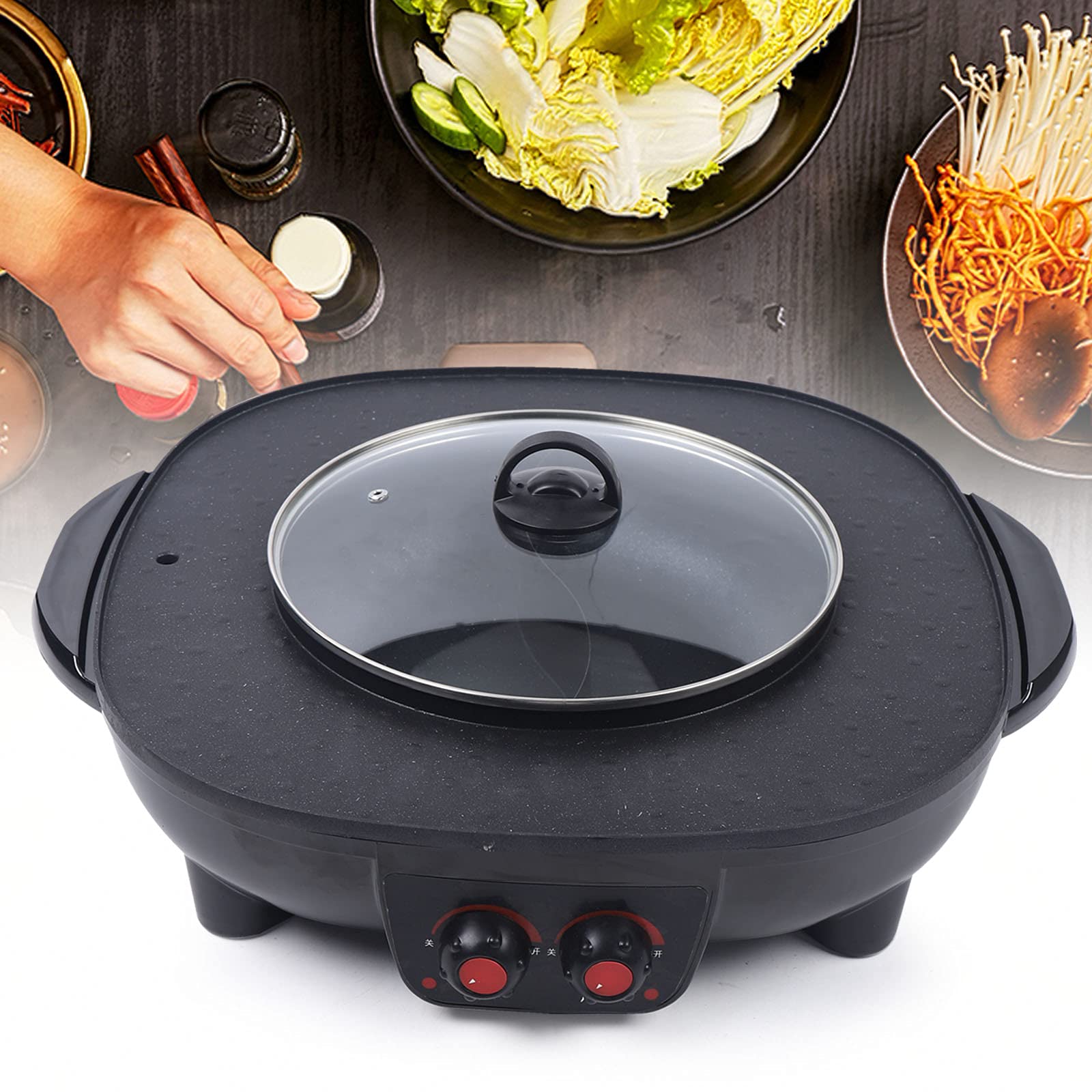 2100W Multifunktionaler Shabu Hot Pot 220V Antihaft Rauchloser Grillpfanne 2 in 1 Elektrische Pfanne mit Deckel Geeignet für Restaurants Wohnungen Hotels usw