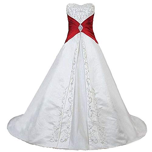 Zorayi Damen Elegante A-Linie Schnürung Stickerei Satin Brautkleid Hochzeitskleider Elfenbein & Rot Größe 54