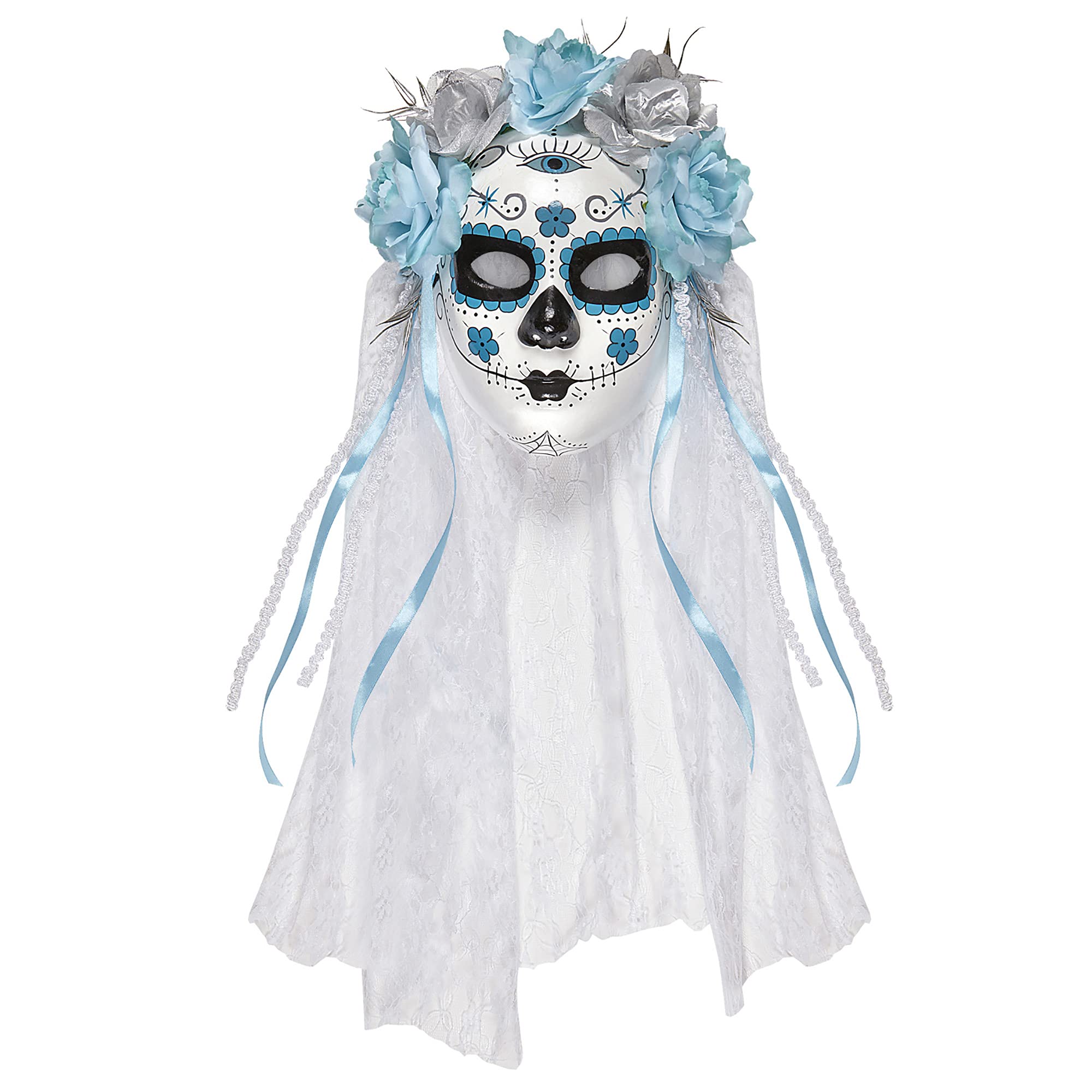 Widmann 04789 - Maske Dia de los Muertos, dekoriert mit Schleier, Bändern und Rosen, Halloween, Karneval, Mottoparty