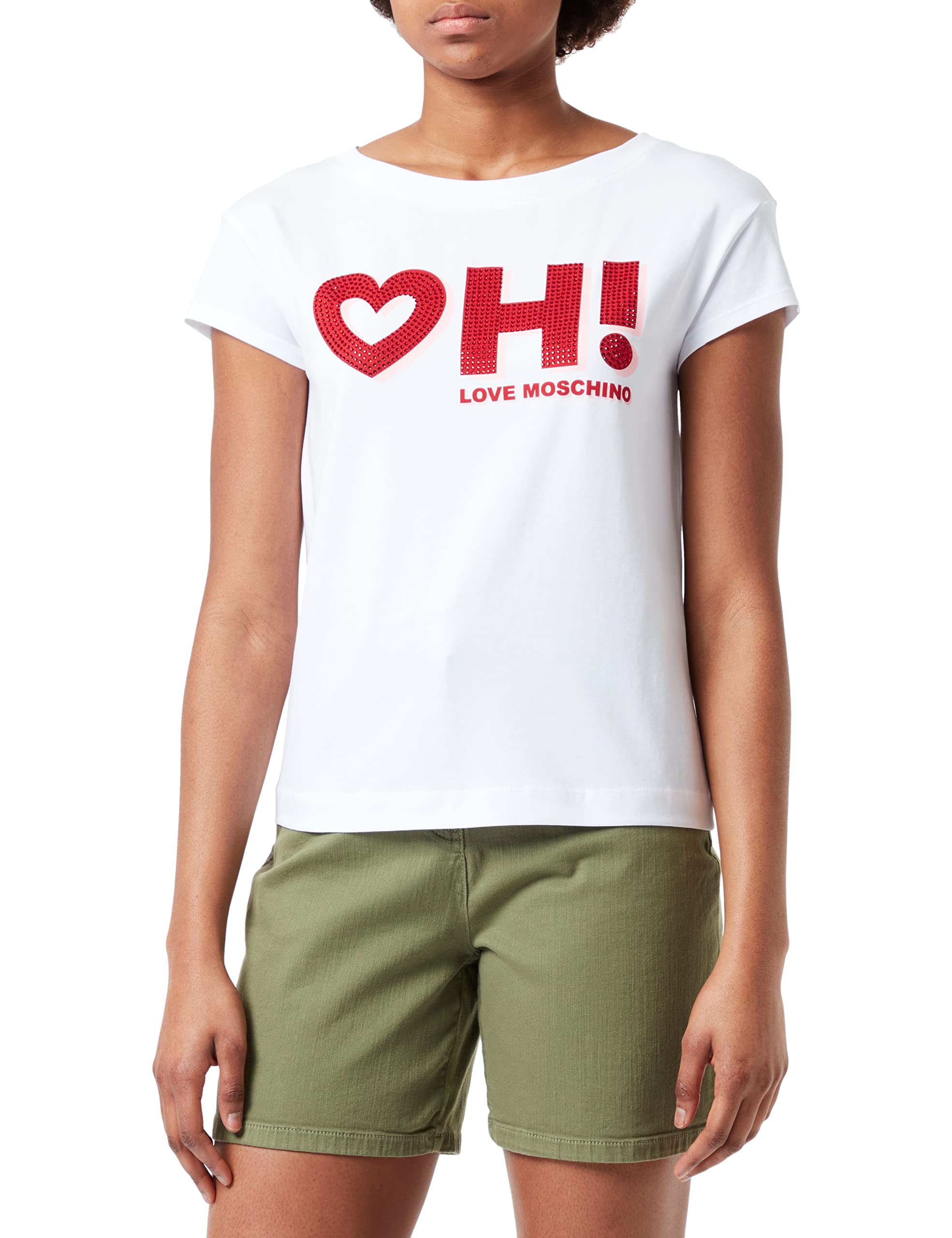 Love Moschino Womens with red Rhinestones T-Shirt, Optical White, 42