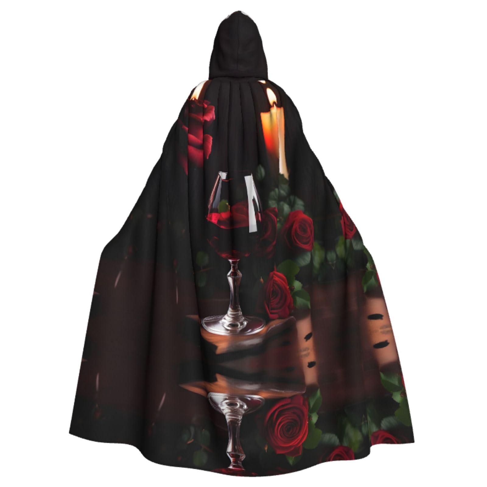 Rotwein Rose und Kerze Druck Halloween Kapuzenumhang Kostüm für Karneval Mottoparty Decora Hexe Vampir Kostüm