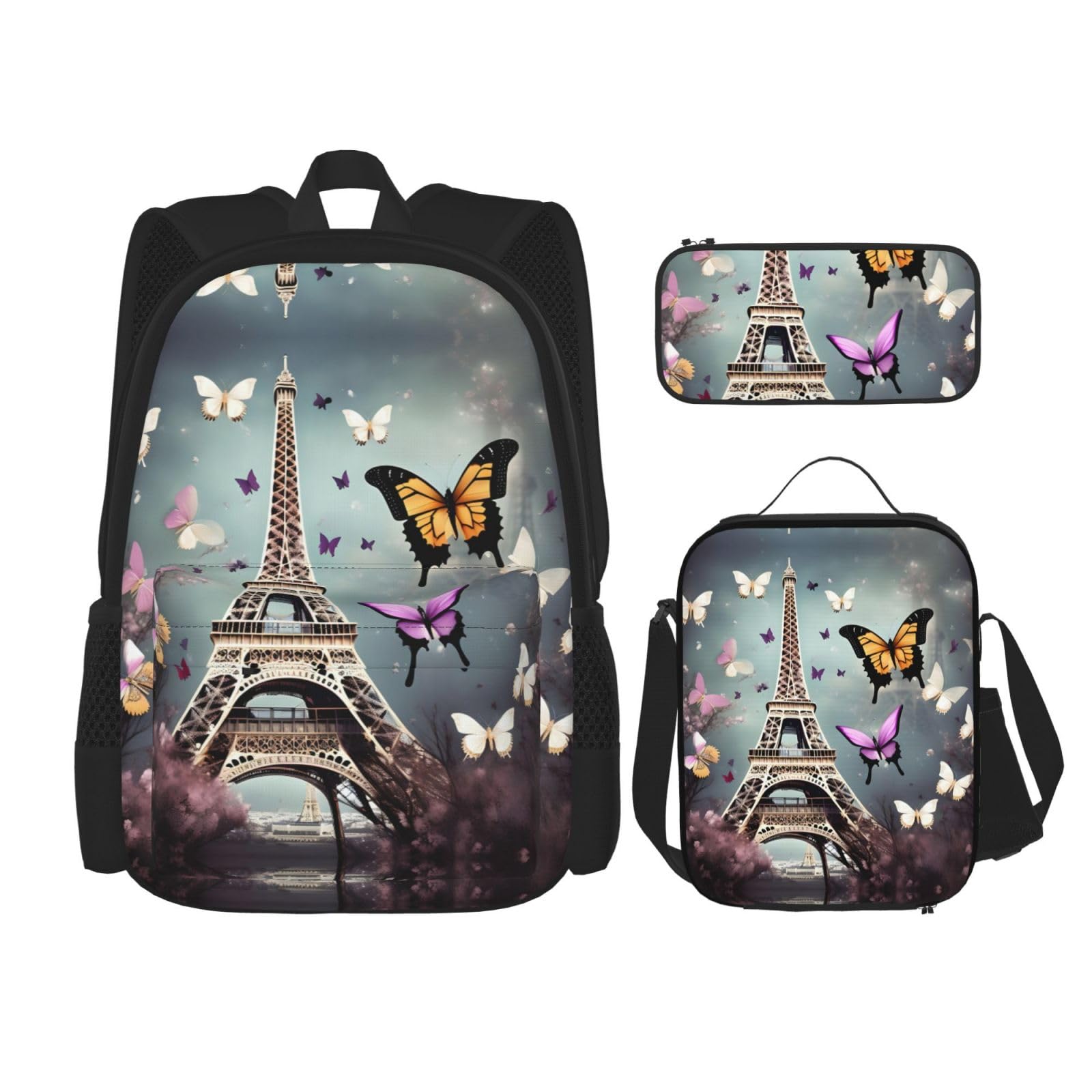 WURTON Romantische Paris Schmetterling Eiffel Druck Reise Lunchbox Federmäppchen Rucksack Set 3 Stück Verstellbare Träger Leicht, Schwarz, Einheitsgröße, Schwarz, One Size