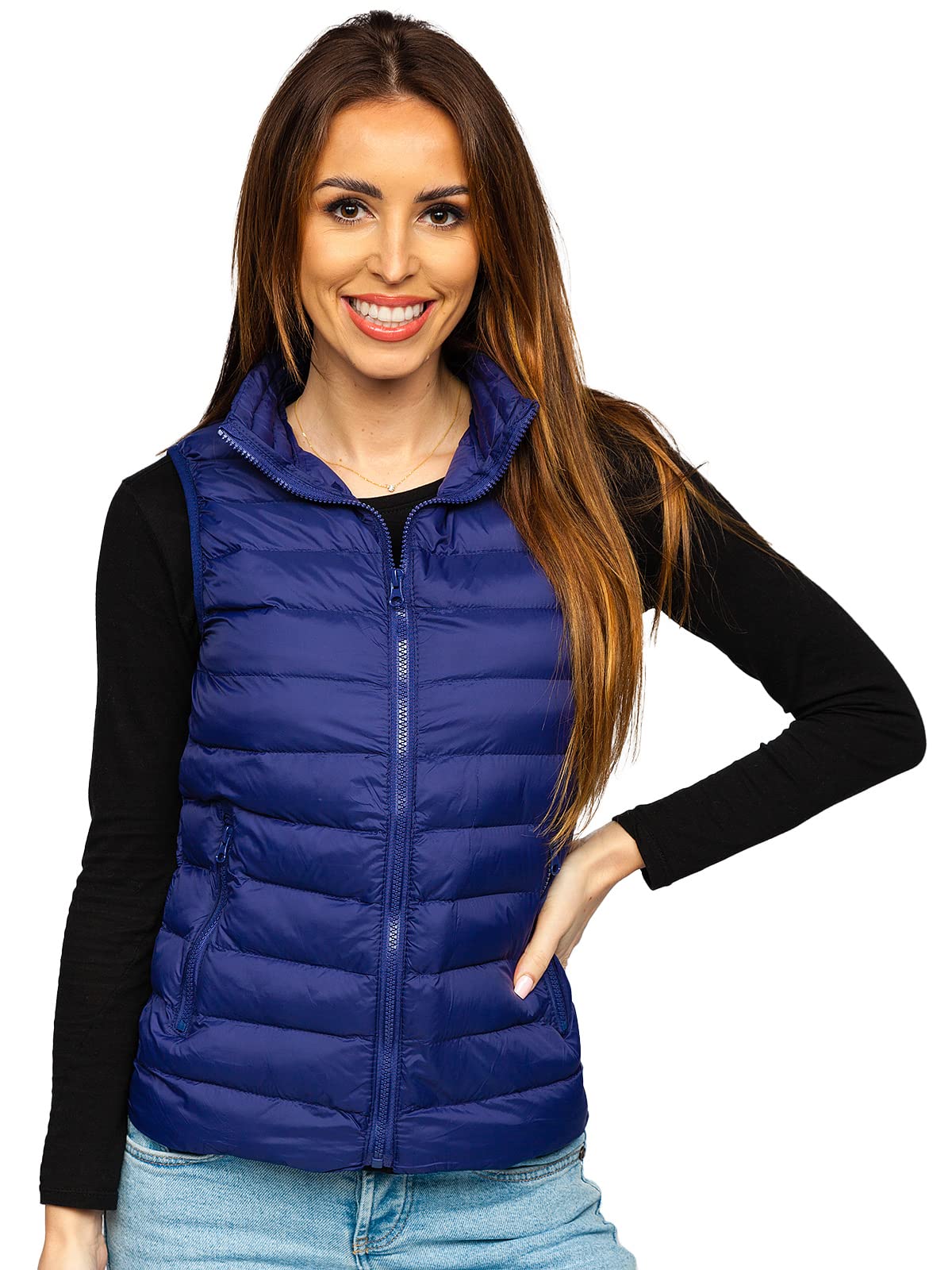 BOLF Damen Weste Stehkragen Steppweste Bodywarmer Daunenweste Reißverschluss Weste Ärmellose Sportweste Zip Wärme Freizeit Outdoor Style 23077 Dunkelblau XL [U1U]