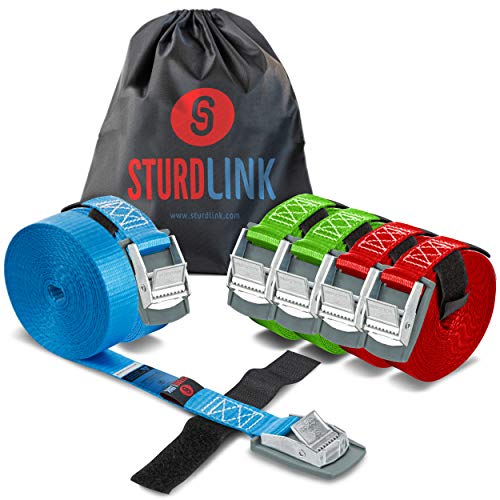 STURDLINK X6 Spanngurte 25mm 250 daN mit Nockenschnalle und Befestigung 2X [3m 4m 5m] + Tasche, für Befestigung an Fahrradtüren, Kofferraum und Dachgepäckträger, Auto, Anhänger, Umzug