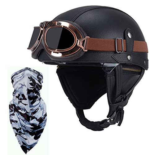 Jet-Helm Herren Retro Cruiser Bike Motorrad-Helm Mit Schutz-Brille Gesichtstuch, Erwachsene Jethelm Vintage Handgefertigte Leder Scooter-Helm Roller Motocrosshelm ECE-Zulassung