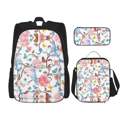 WURTON Romantischer, ausgefallener Schulrucksack, 3-in-1, Büchertaschen-Set mit Lunchbox, Federmäppchen, Reise-Laptop-Tagesrucksäcke