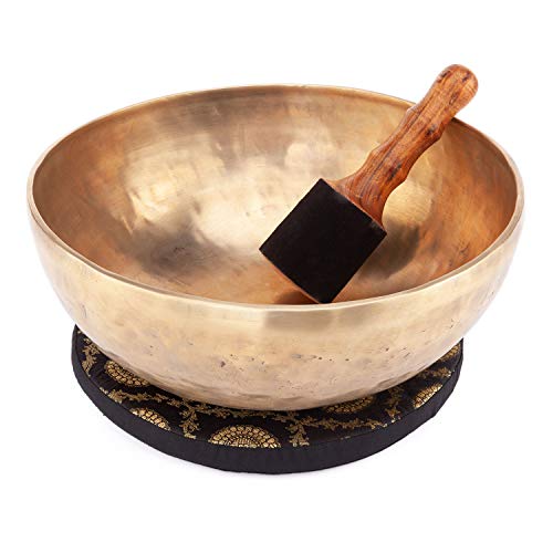 Handgefertigte tibetische Klangschale aus Indien inkl. Unterlage & Holzklöppel | Singing Bowl Ø35cm | Klangtherapie, Meditation, Achtsamkeit, Entspannung