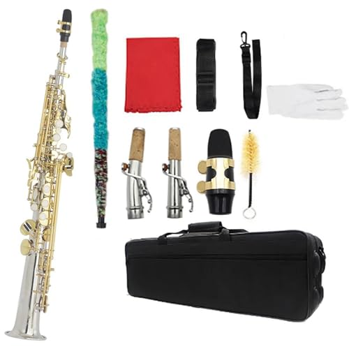 Gerade Bb Sopran Saxophon Messing Versilbert B Flache Sax Holzblasinstrument Mit Fall Schilf Handschuhe Zubehör Anfänger saxophon (Color : Gold Silver)