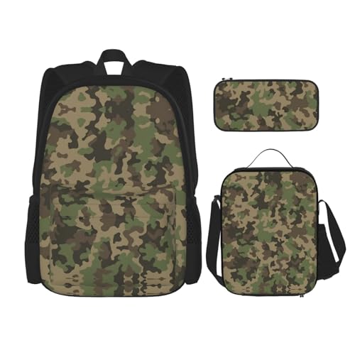 WURTON 3-in-1-Set mit grünem Camouflage-Druck, lässig, verstellbarer Schulter-Rucksack, Lunch-Tasche, Federmäppchen, Beutel, Schwarz, Einheitsgröße