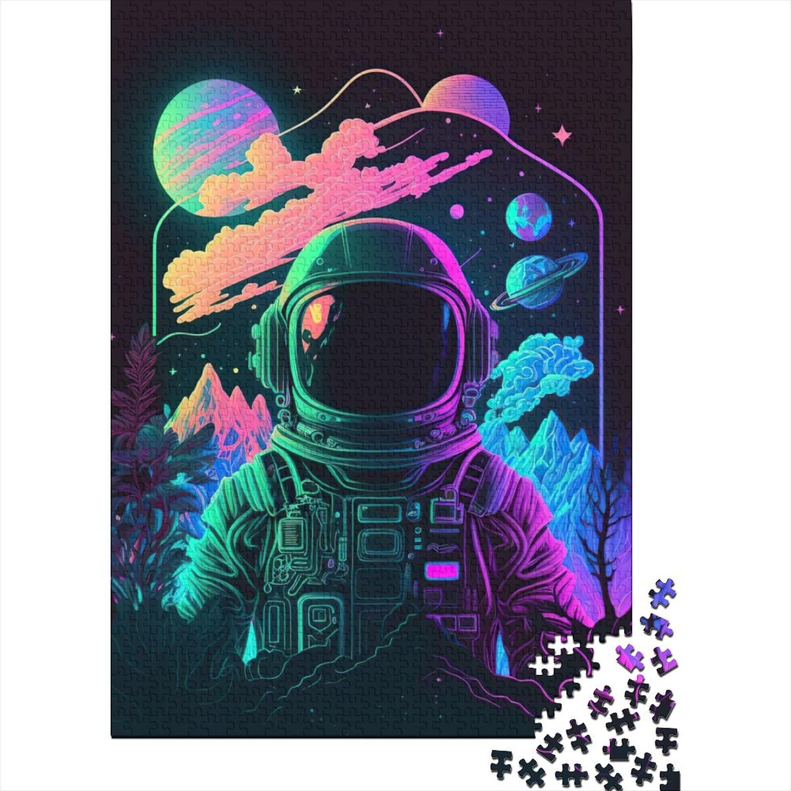 1000-teiliges Puzzle für Erwachsene Teenager, Neon-Astronaut, Holzpuzzle, Puzzle für Erwachsene und Teenager, Geschenke für Freunde und Familie, 75 x 50 cm