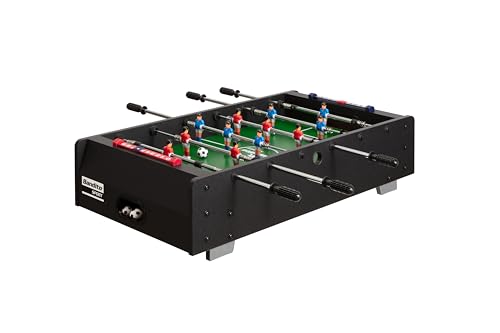 Bandito Mini-Fußballtisch, Kickertisch für Kinder, Kleiner mobiler Fußballkicker, Kindersichere Teleskopstangen, Tischfußball, Spielauflage für Tisch oder Boden, 91x51x23cm, schwarz, inkl Bälle