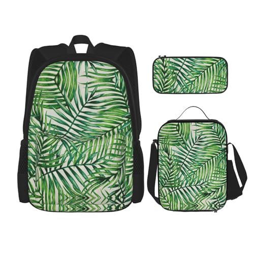 WURTON Bananenblatt grün Druck Reise Lunchbox Federmäppchen Rucksack Set 3 Stück Verstellbare Träger Leicht, Schwarz, Einheitsgröße