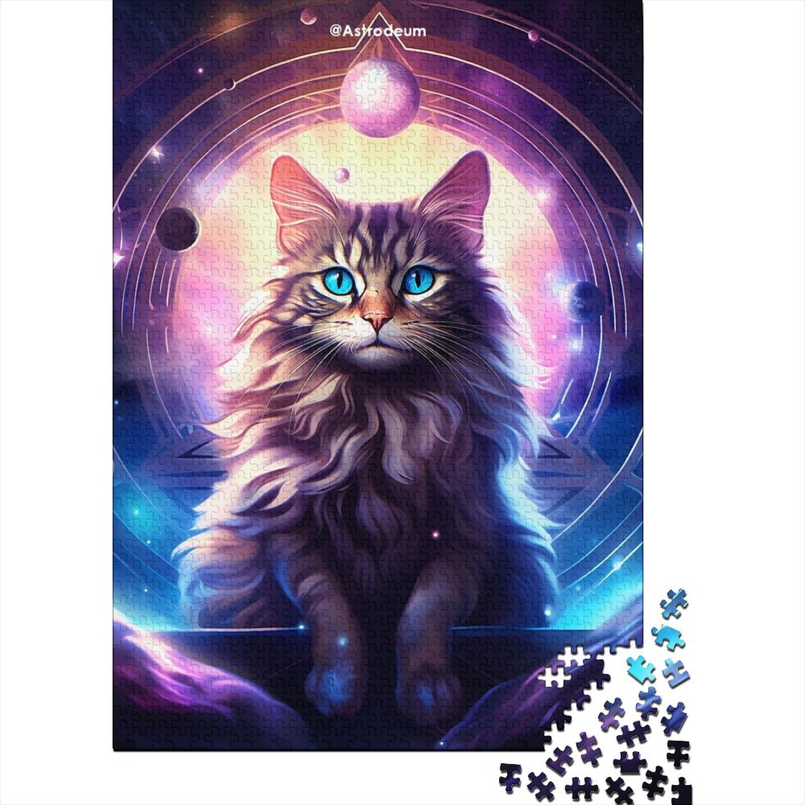 Kunstpuzzle für Erwachsene 1000 Teile, kosmische Zauberkatze für Erwachsene, schwierige Puzzles, entspannendes geistiges Lernspielzeug (Größe 75x50cm)