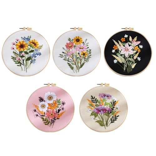 Lahdrhab 5 Sets Stickset für AnfäNger und Erwachsene, Inklusive Gestempeltem Blumenmuster, Rahmen, FarbfäDen und Werkzeug