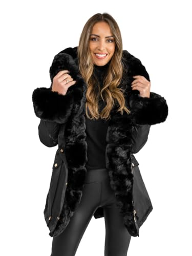 BOLF Damen Winterjacke Parka Gefüttert mit Kunstfell Kapuze Wintermantel Lange Steppjacke Daunenjacke Puffermantel Sportjacke Warm Gefüttert Freizeit Outdoor Casual Style B553 Schwarz XL [D4D]