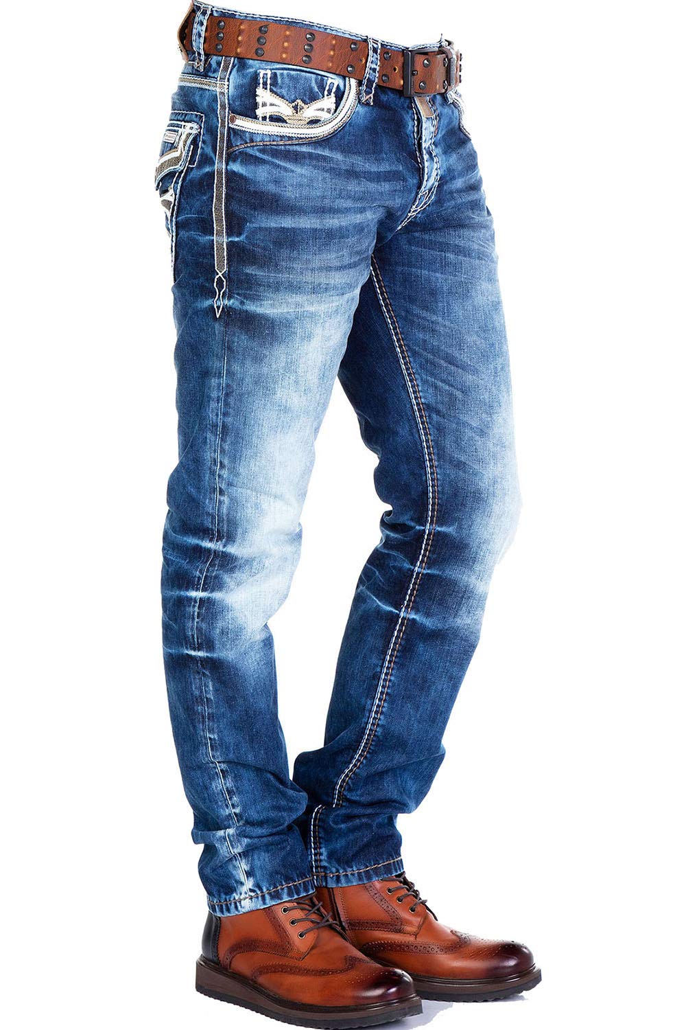 Cipo & Baxx Herren Jeans Hose Straight Fit Denim Five Pocket Jeans Kontrastnähten Blau W32 L34