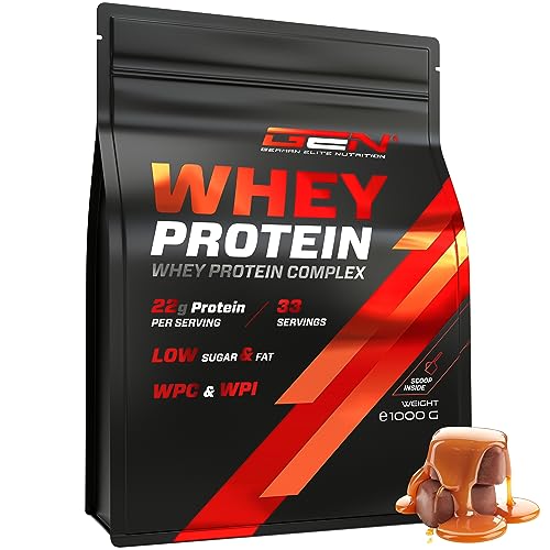 Whey Protein Pulver - 1000 g (Schokolade Karamell) - Mit Isolate Anteil - Instant lösliches Eiweiss Protein Pulver mit BCAA & EAA - German Elite Nutrition