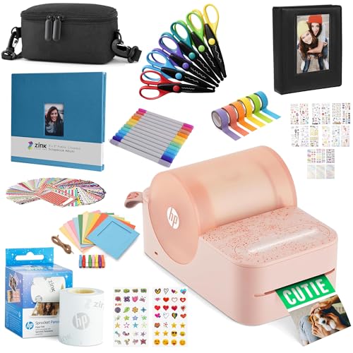 HP Sprocket Panorama Tragbarer Sofort-Farbetiketten- und Fotodrucker (Rosa), Bastelpaket mit Koffer, Zink-Rolle, Fotoalbum, Markern, Schere, Klebeband, Aufklebern und Rahmen