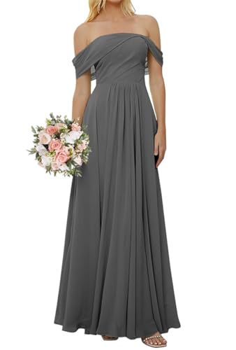 SAMHO Schulterfreies Brautjungfernkleid für Damen, Korsett, A-Linie, Chiffon, formelles Abendkleid, grau, 40