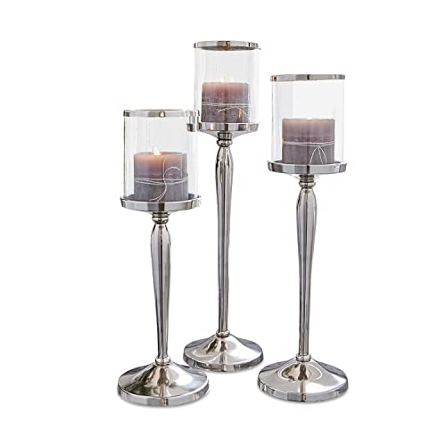 LOBERON® Kerzenständer 3er Set Serres, Aluminium, Glas, H/Ø ca. 50/13 cm , Silber/klar