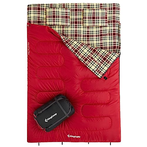 KingCamp Doppelschlafsack Winter Schlafsack 2 Personen Outdoor Warmer Deckenschlafsack Tragbar Leicht 3-4 Jahreszeiten mit 2 Flanell Kissen Camping Schlafsack für Kinder & Erwachsenen 4kg Rot