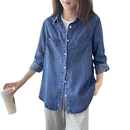 WINDEHAO Damen Soft Tencel Denim Shirts Casual Lose Langarm Denim Cowboy Bluse Frühling Button Down Oberbekleidung Shirt