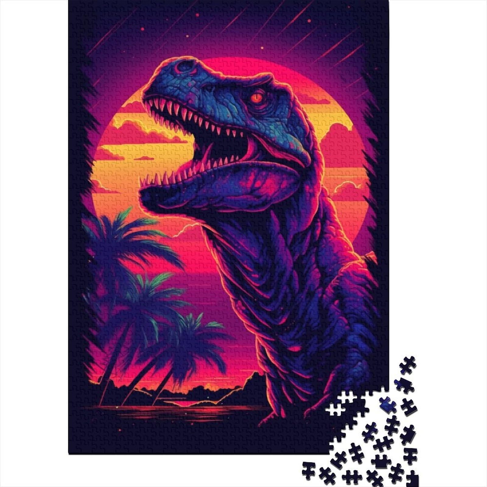 Dinosaurier-Retro-Sonnenuntergang-Sonne-Holzpuzzle für Erwachsene 1000 Teile für Erwachsene Schwierige Puzzles ganze Familie und die (Größe: 75 x 50 cm)