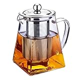 Teekanne aus klarem Glas mit Teesieb aus Edelstahl in quadratischer Form, Teekanne mit Teesieb für losen Tee und Kaffee (750 ml)