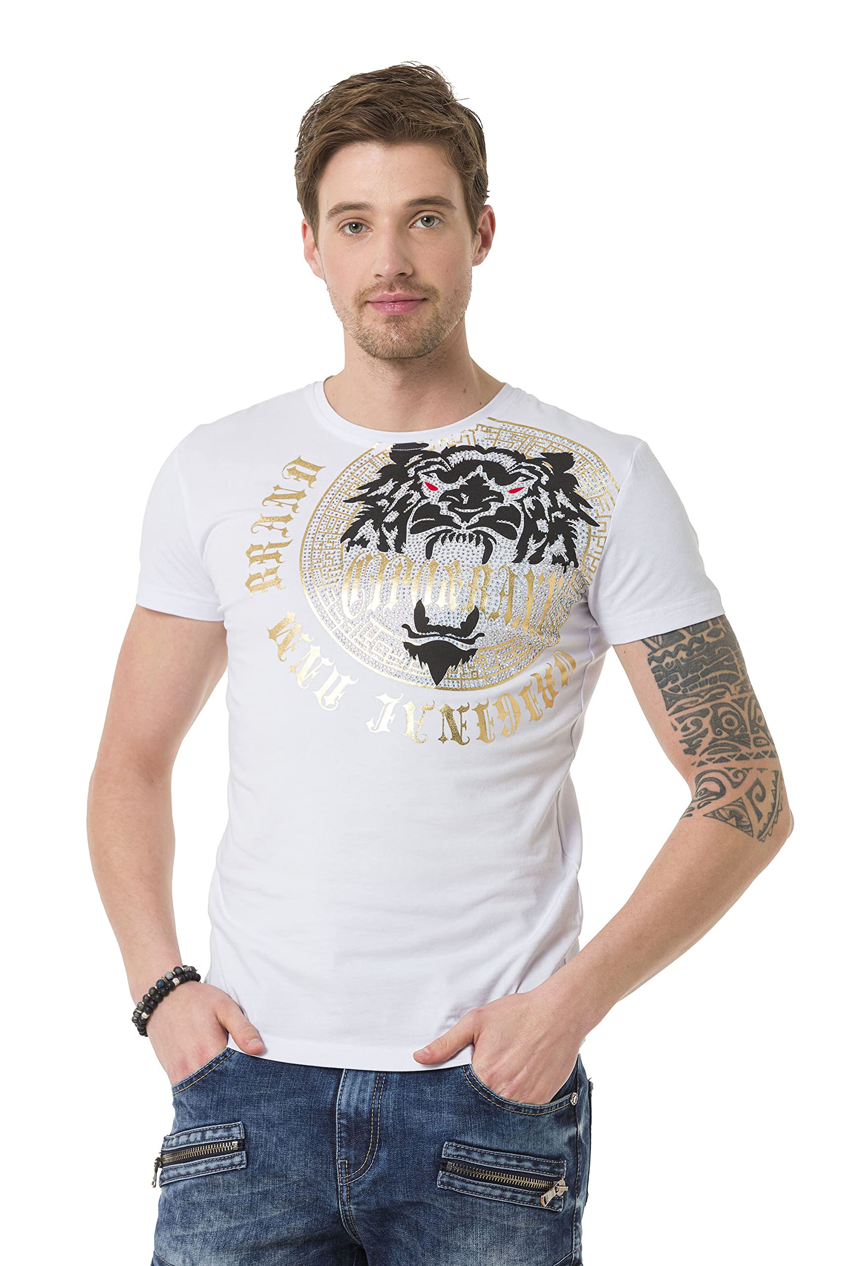 Cipo & Baxx Herren T-Shirt Löwen Print Kurzarm Strasssteinen Streetwear Rundhals Party Freizeit Shirt CT676 White XXL