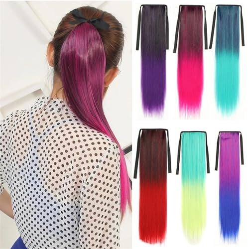 Echthaar-Pferdeschwanz-Haarteil, Regenbogen Ombre Farbe Gerade Synthetische Haar Pferdeschwanz Verlängerung Band Kordelzug Pferdeschwänze Vitalität Cosplay Haar,Pferdeschwanz-Haarteil für Frauen(FP20