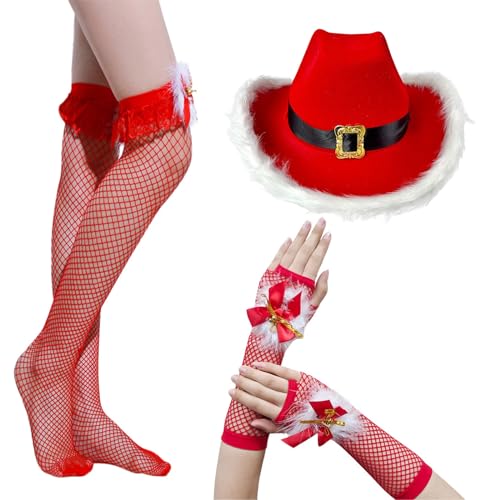 MEELYHOME Cowboyhut Fischnetzstrümpfe Feder Handgelenk Handschuhe Foto Requisiten Weihnachten Party Cowboyhut Weihnachten Santa Cosplay Cowboyhut Weihnachten Ornamente