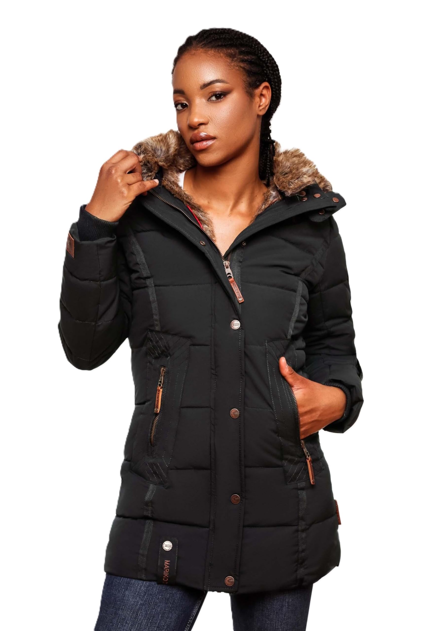 MARIKOO Damen Winter Jacke Mantel Parka warm gefütterte Winterjacke B817 [B817-Lieblings-Schwarz-Gr.L]