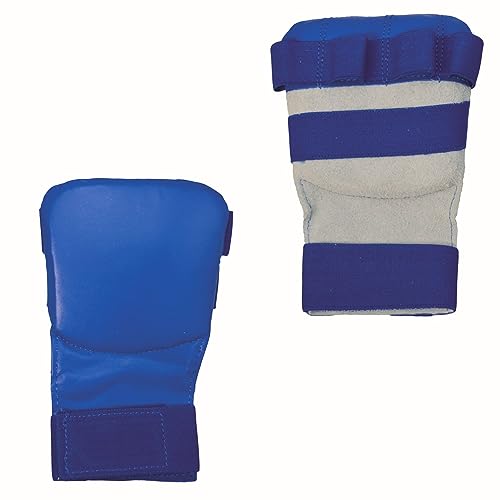 TEKKA BUDO Karate Faustschützer flach - Hand Mitt Echtleder - Blau Gr. XL - Fingerschlaufen mit Elastikband - Jujutsu, WingTsun Handschutz