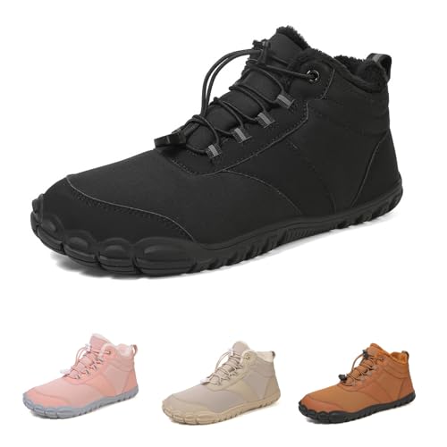 OTEB Barfußschuhe for den Winter, warme Schneestiefel for Reinschlüpfen, Zero Drop, breite Zehenbox, minimalistischer wasserdichter Wal, Barfuß-Winterstiefel(Black,37 EU)