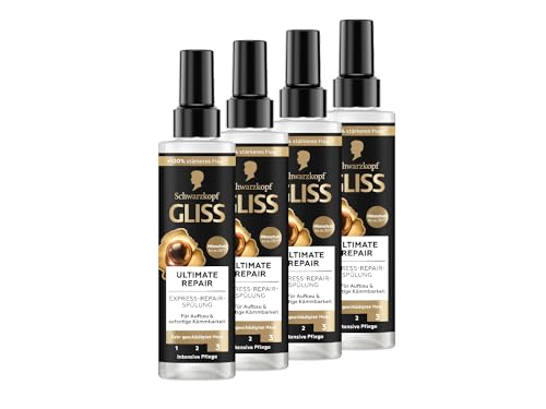 Gliss Express-Repair-Spülung Ultimate Repair (4x 200 ml), Haarspülung mit Keratin repariert extrem geschädigtes Haar, Pflegespülung mit Hitzeschutz bis zu 230 °C