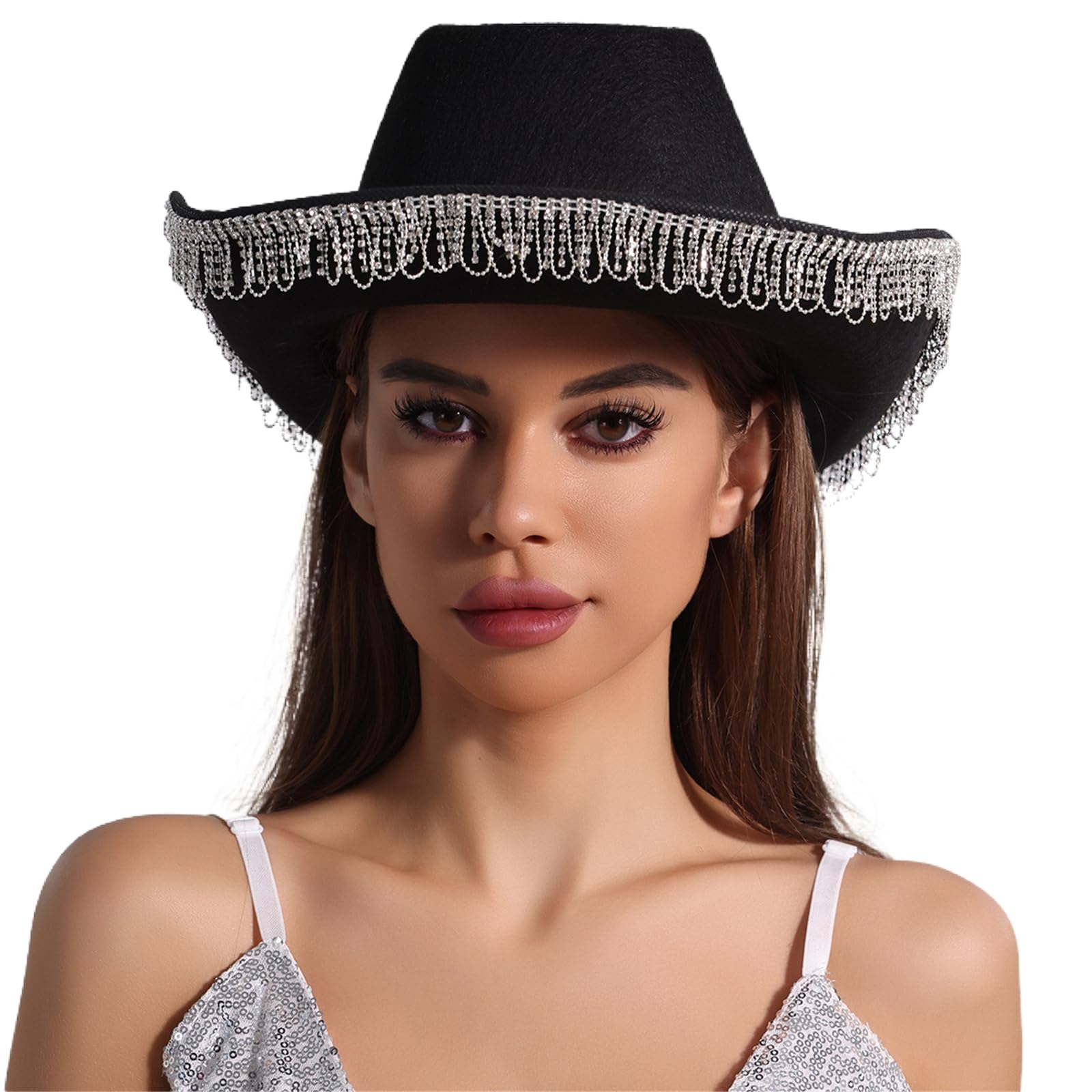 Meiliyizu Westernhut für Damen, Cosplay, Rollkrempe, Hut, Fransen, Strass, Hut, Junggesellinnenabschied, Kopfbedeckung, Zubehör