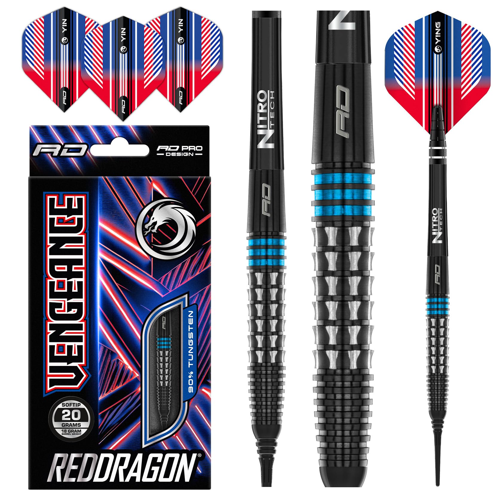 RED DRAGON Vengeance Blue 20 Gramm Premium Wolfram Softip Dart Set mit Flights und Schäften