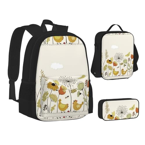 WURTON Lunchbox-Set, Motiv: Henne fliegende Schmetterlinge unter Blumen, Rucksack, 3-in-1 Büchertasche und Federmäppchen, passende Kombination, Schwarz, Einheitsgröße