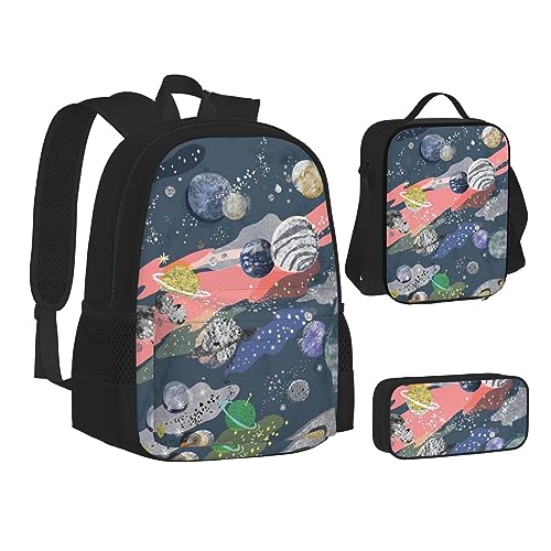 WURTON Teen Rucksack mit Planetendruck, 3-in-1 (Federmäppchen + Schultasche + Lunchtasche)