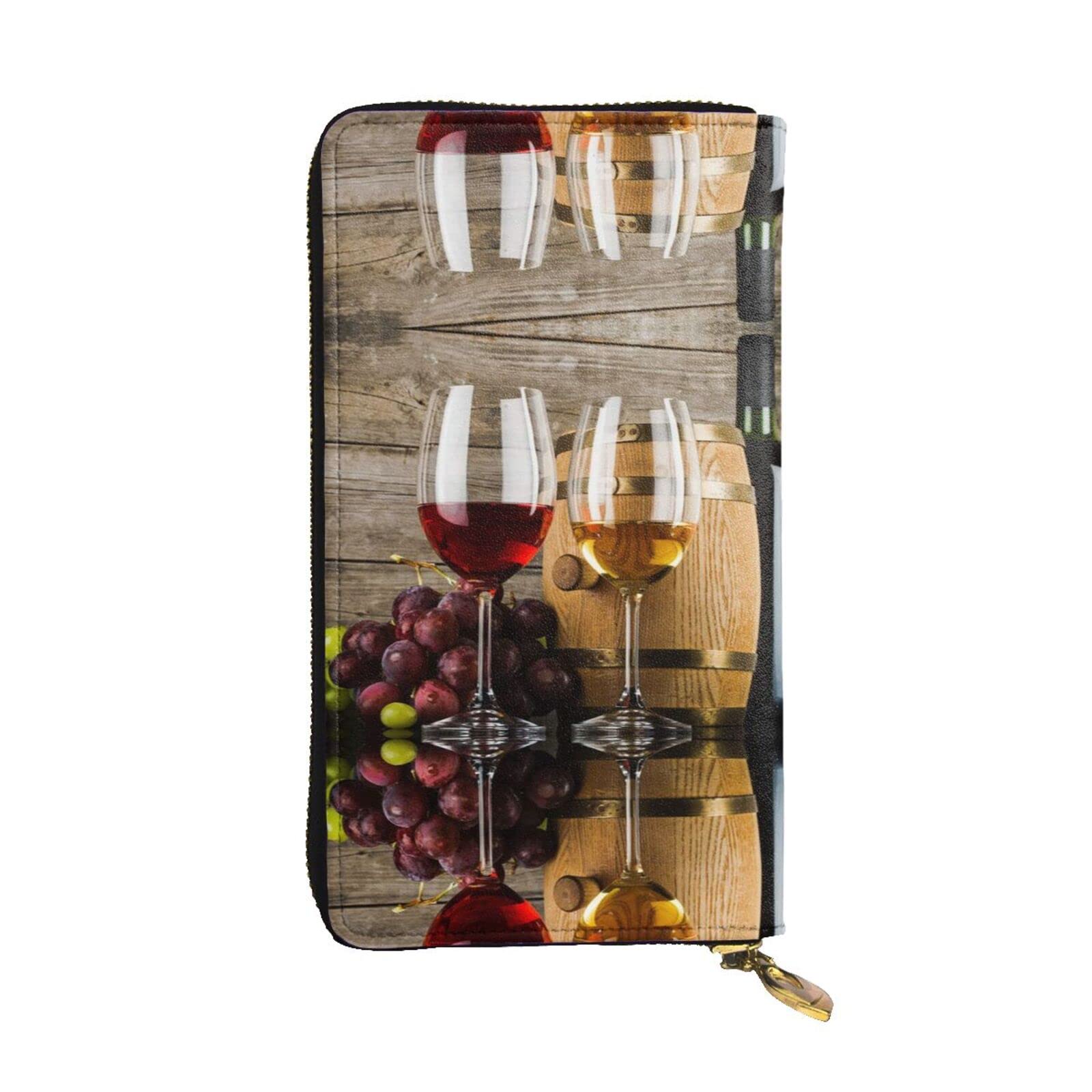 DMORJ Rotwein-Galsses & Trauben mit Holzleder-lange Clutch-Brieftasche: 19 x 10 cm, bequem, leicht, wasserdicht, langlebig, schönes Geschenk, Schwarz, Einheitsgröße, Schwarz , Einheitsgröße