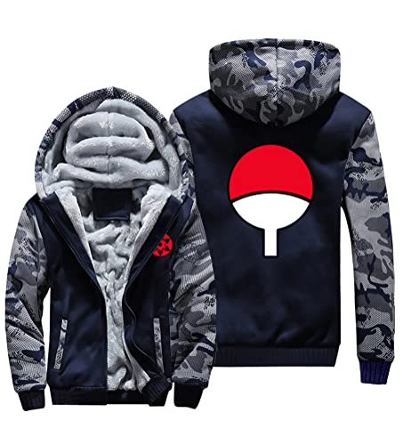 QYIFIRST Herren Damen Anime Hokage Uchiha Sasuke Uchiha Clan Daunenjacke Fleece Warme Thermojacke Gefütterte Schneefeldjacke Reißverschluss Strickjacke Mantel Cosplay Kostüm Blau-I EU L