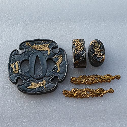 BOHIHYU Tsuba Fuchi Kashira Menuki Gold-Plating Copper DJT001-DJT024 (DJT007, 3.14in-3.54in)